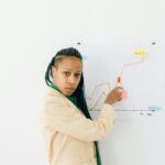 Confident woman explains financial data and growth strategy in a presentation.